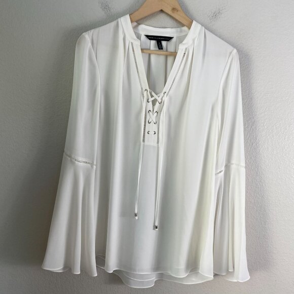 White House Black Market Womens 8 Lace Up Blouse Long Bell Sleeve Shirt Top - Picture 6 of 10